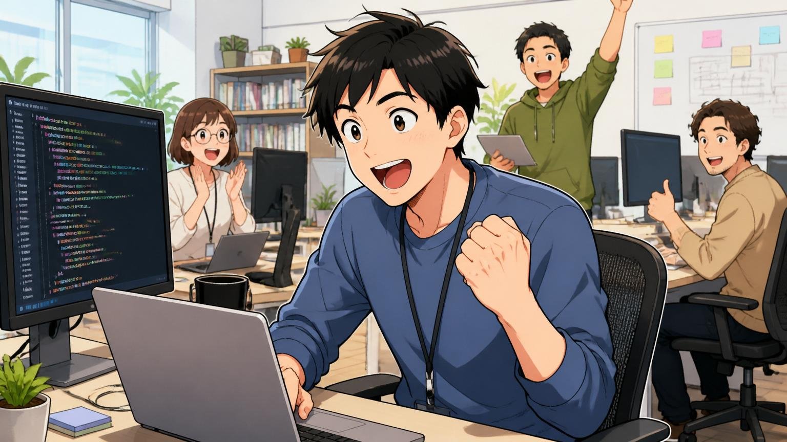 Web系スタートアップのオフィスでモダンな開発環境を前にする30代の元SIerエンジニア、自社開発への転職