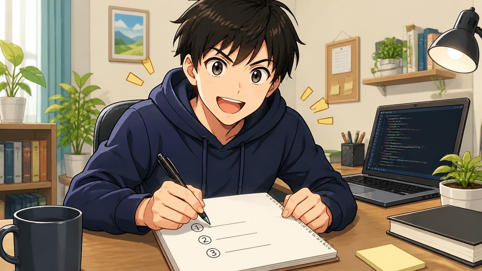次に動くなら今日できる3つの小さな一歩、自宅のデスクでノートに次の行動を書き出すエンジニアの前向きな表情