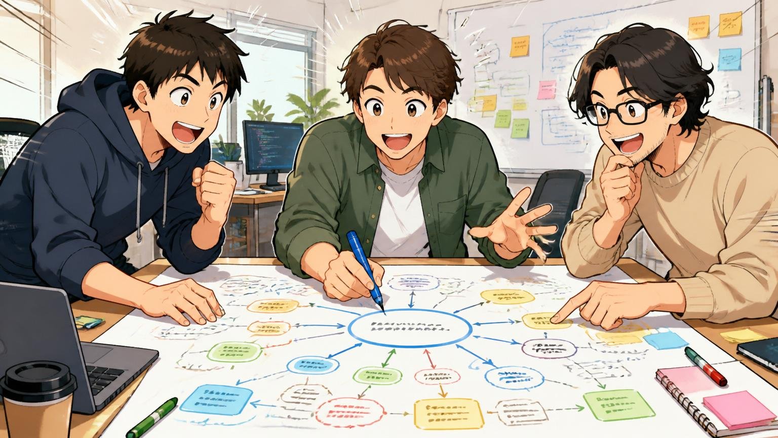 Web系スタートアップのオフィスで20代後半のエンジニア1人と先輩2人が新たな選択肢を地図に書き出す場面。前向きな空気
