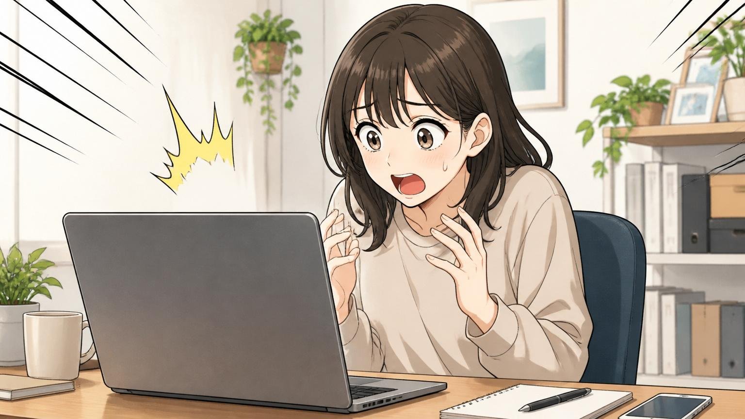 登録後に届くスカウトメールを見て驚くエンジニア、自宅のデスクでノートPC画面を見つめる20代後半女性1人