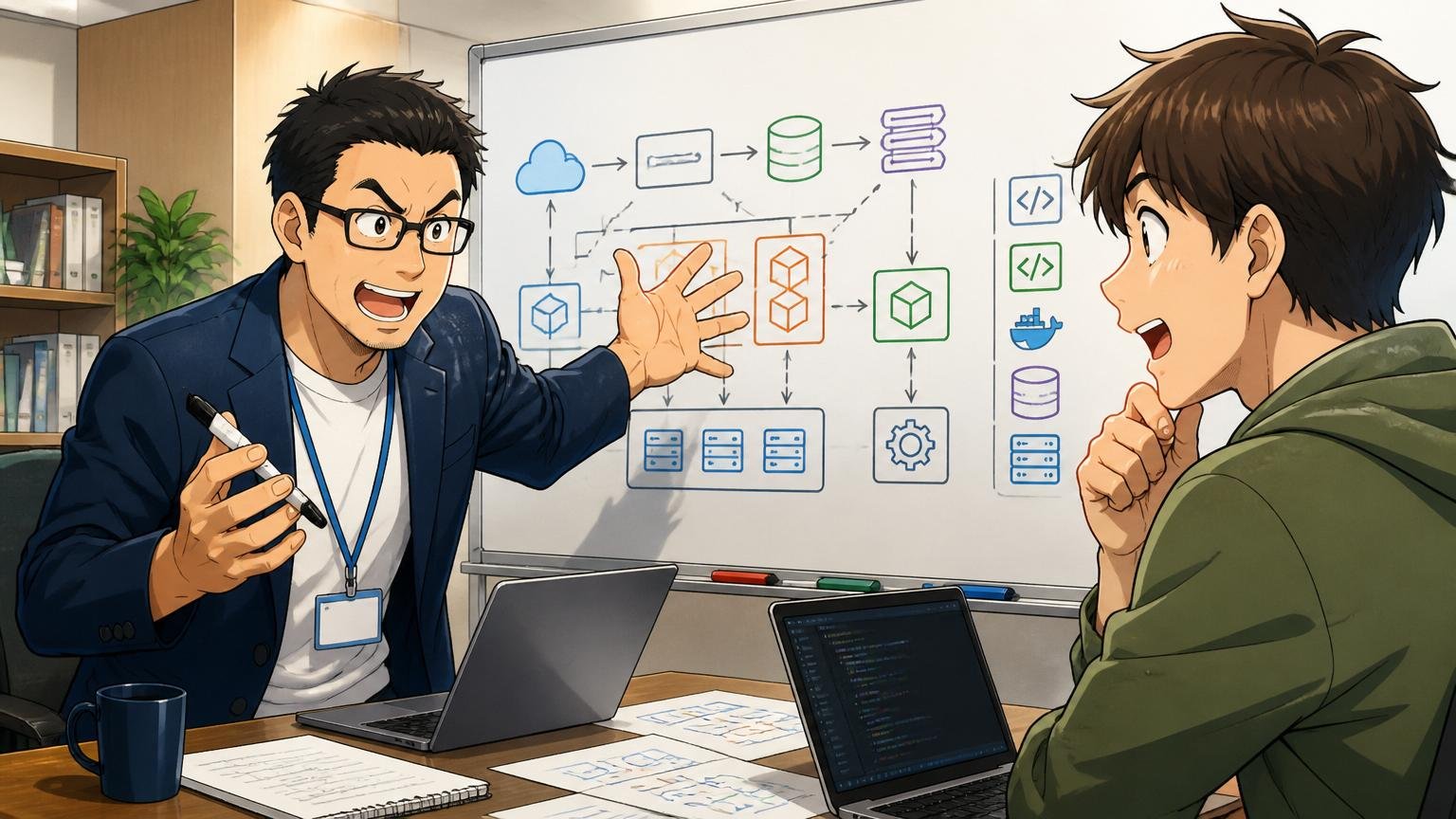 企業の会議室でIT特化型エージェントのアドバイザーとエンジニア1人が技術スタックを話し合う対話シーン