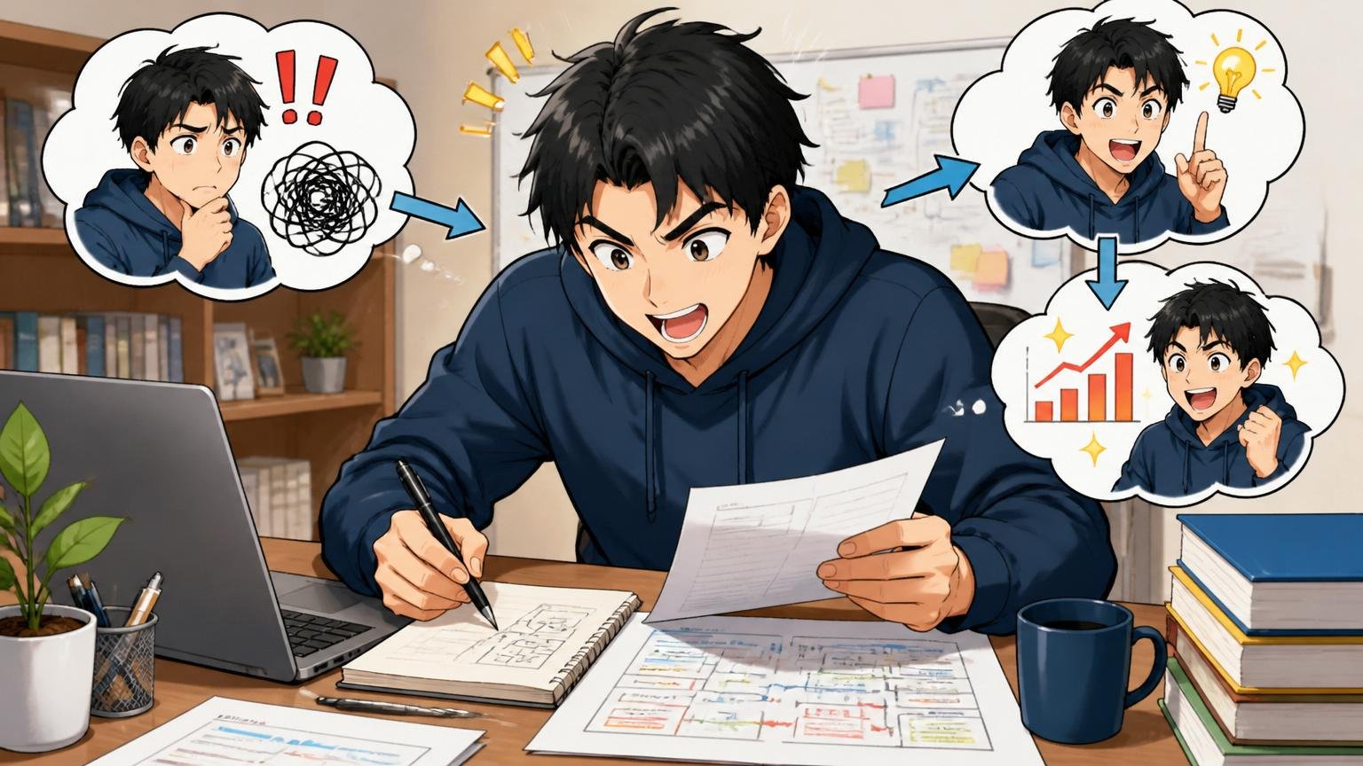 自宅のデスクで職務経歴書を書き直す30代男性エンジニア1人。課題対応成果のフレームワークでストーリーを構築している