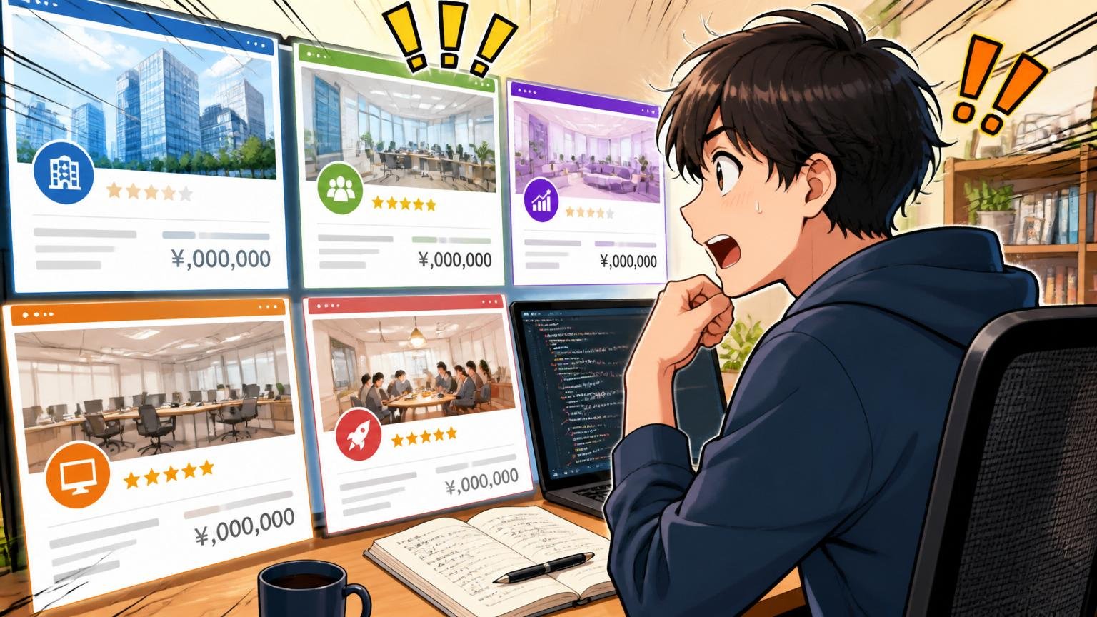 複数社を並行して見ると初めて「自分の市場価値」が見える。自宅のデスクで20代エンジニア1人が複数のオファー画面を並べて比較、気づきの表情