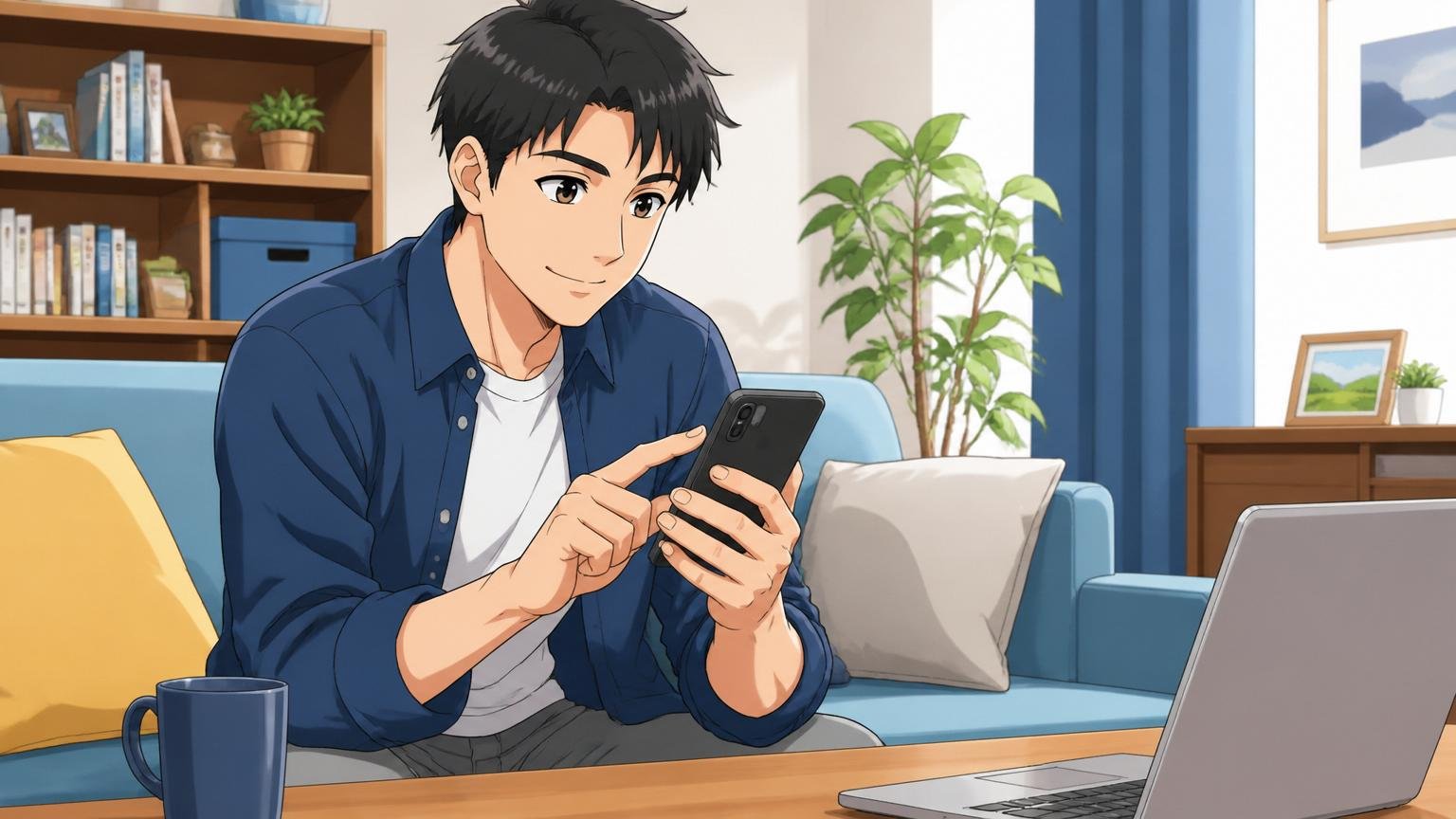自宅のリビングで30代男性エンジニアがスマホでエージェント登録を進める、リラックスして検討する表情