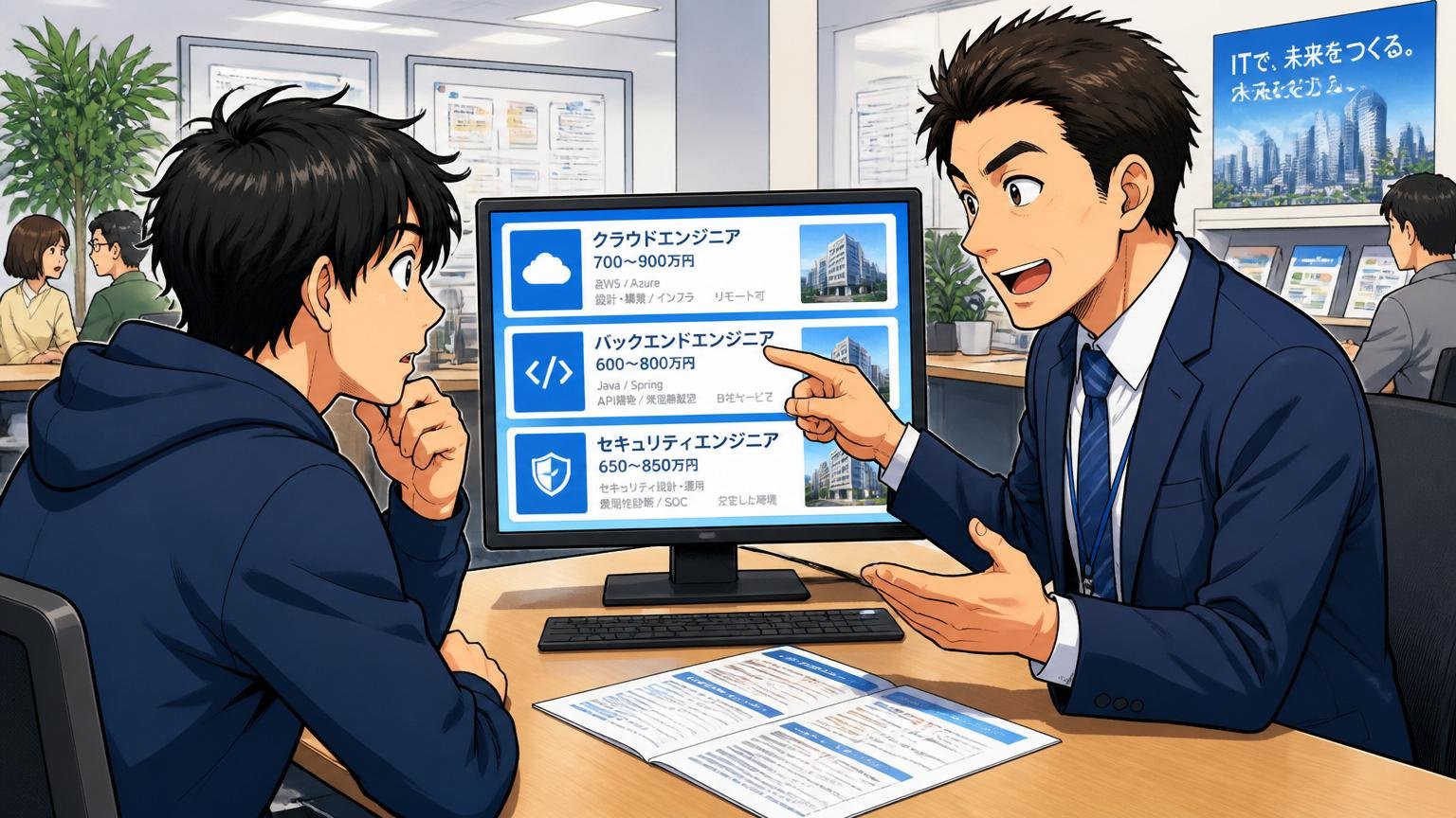 IT特化型エージェントのオフィスで専門アドバイザー1名がITエンジニア1名に最適求人を提案する真剣な様子