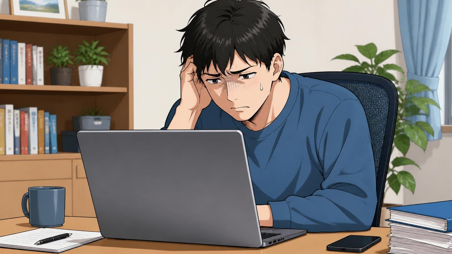 自宅のデスクで在宅勤務する30代男性が、お祈りメールを読み顔を曇らせる