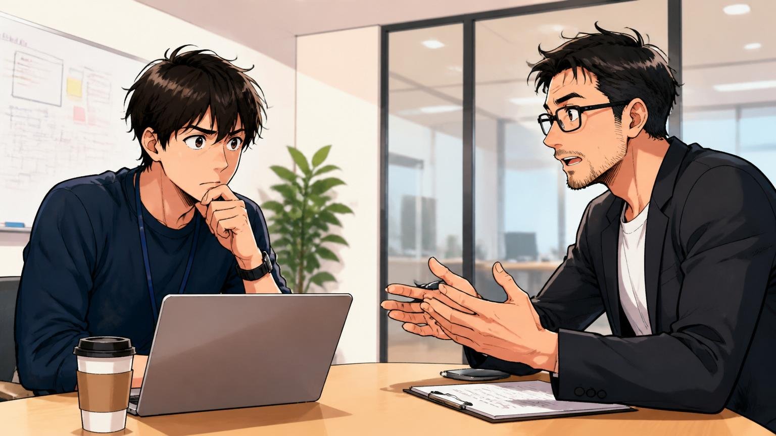 Web系企業のミーティングスペースでエンジニア専門アドバイザーと真剣に面談する30代エンジニアの様子