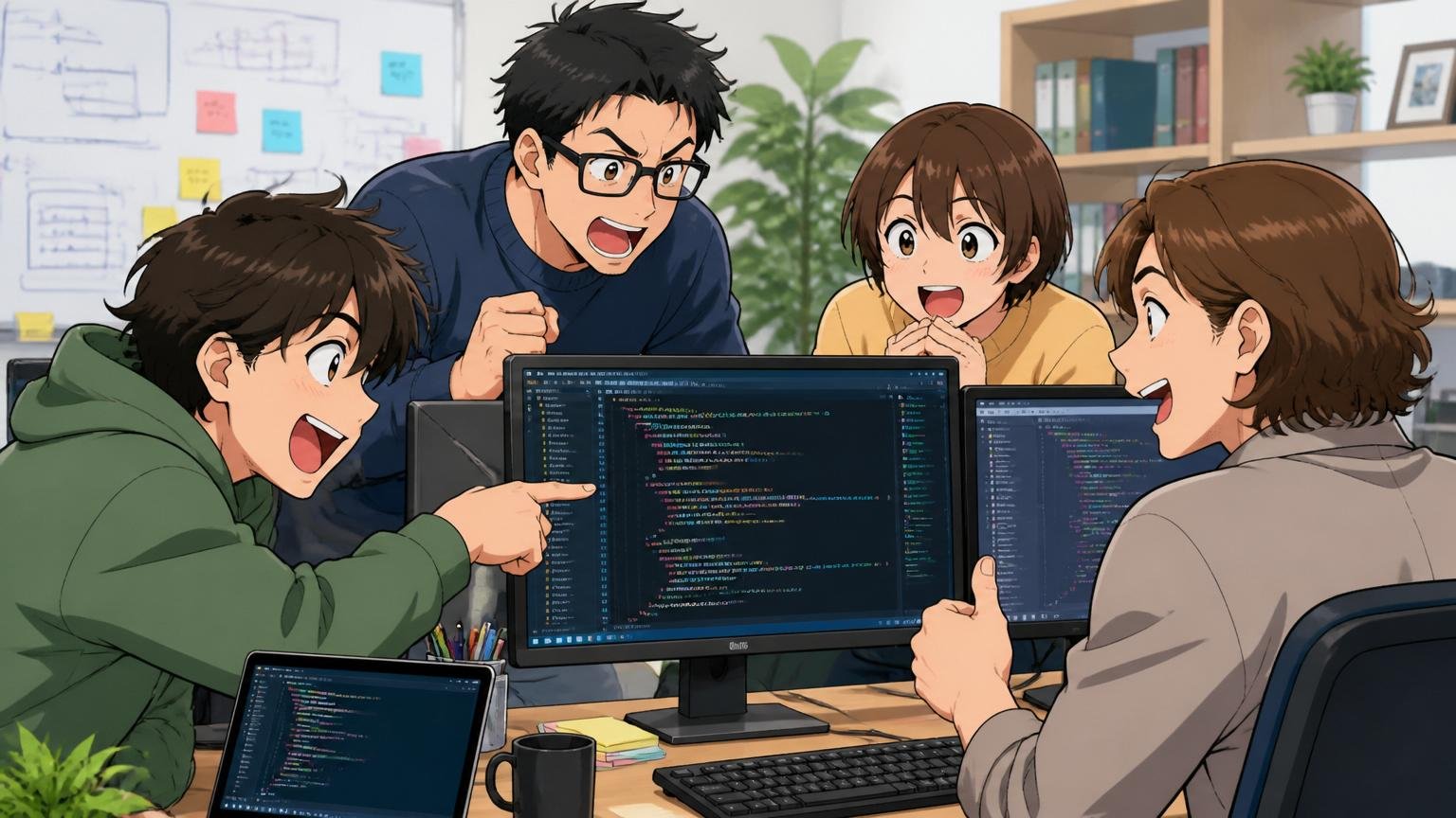 Web系スタートアップのオフィスで自社開発の若手エンジニア4名がコードレビューを楽しそうに行う場面