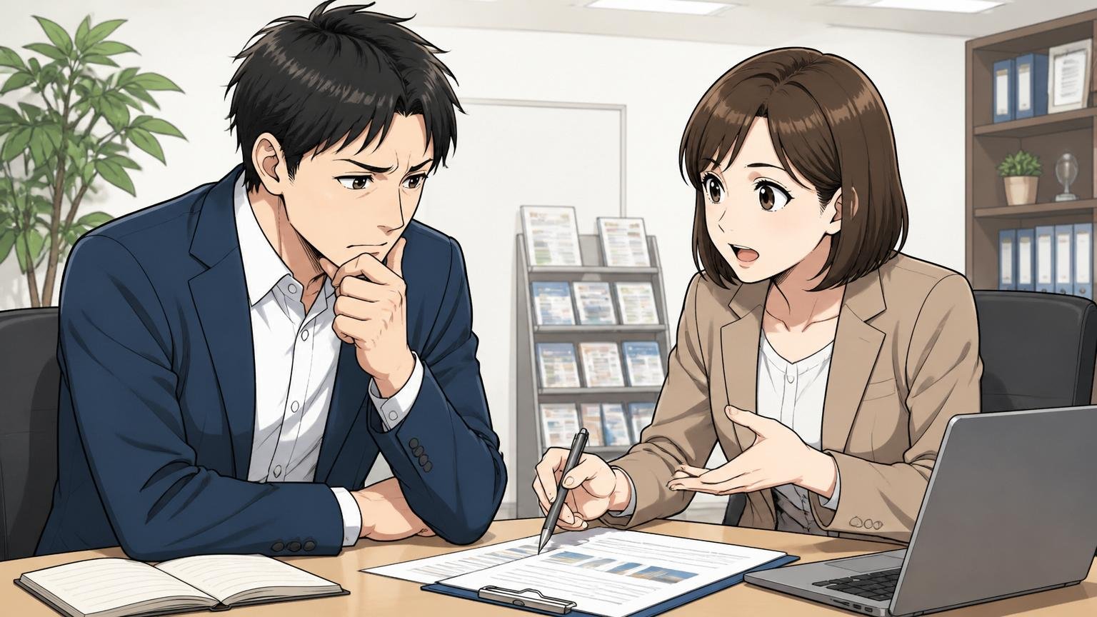 ただし「適正な企業選び」が必須 / 転職エージェントのオフィスで相談する30代男性1人と女性アドバイザー1人、真剣に話し合う表情