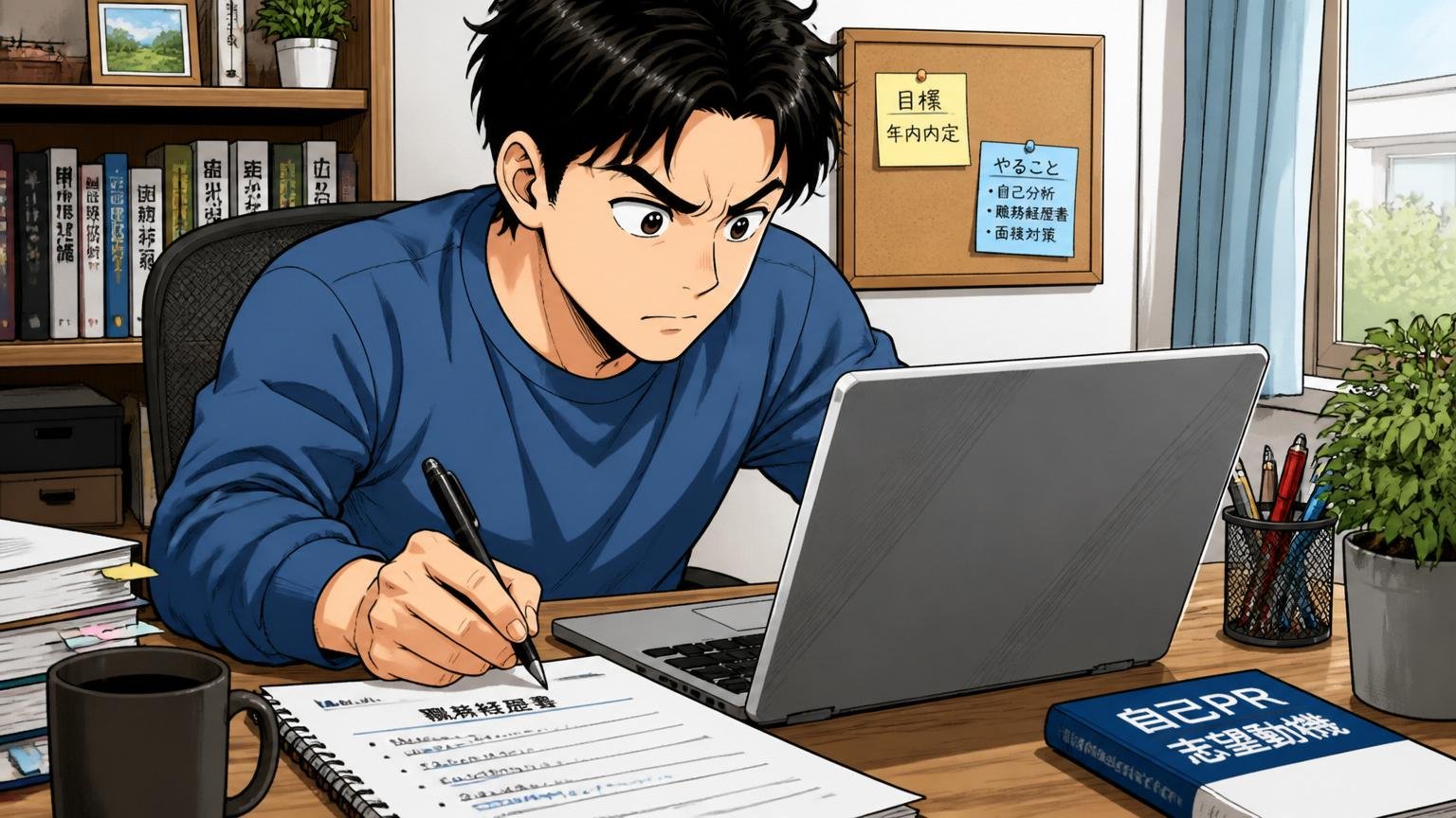 自宅のデスクで30代男性が職務経歴書をPCで編集し直しながら集中して書き込む様子