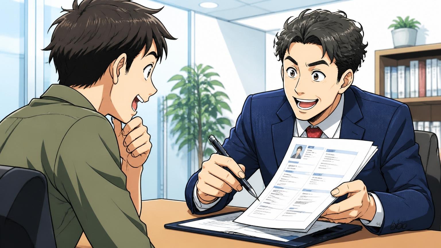 企業の会議室で転職エージェント担当者が職務経歴書を見ながらエンジニアと面談している