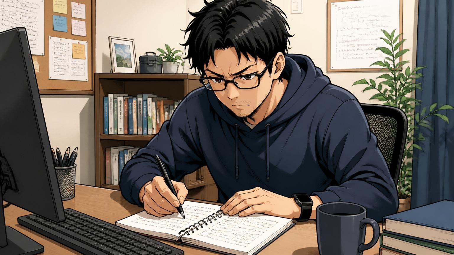 自宅のデスクで面接の振り返りメモをノートに書き出して整理する30代エンジニアの真剣な表情