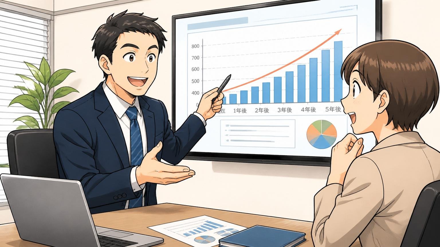 企業の会議室でキャリアアドバイザーが転職希望者に年収予測のグラフを見せながら説明する穏やかな場面