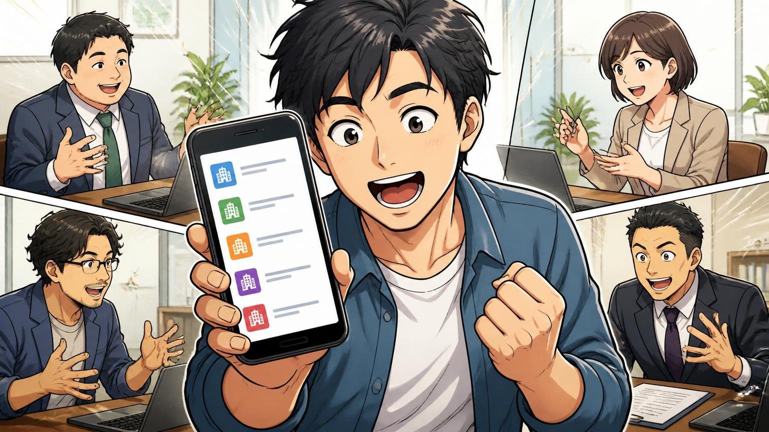 アクション②｜自分の市場価値を客観視する 複数の転職エージェントの面談を並行で受ける30代男性エンジニア スマホ画面に複数のオファー表示