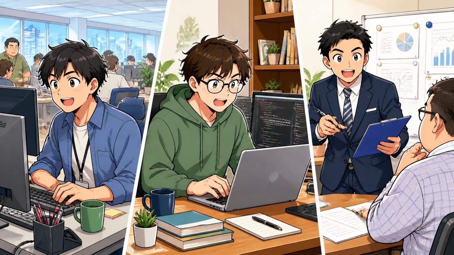 職種で働き方が大きく違う、IT企業の本社オフィスとお客さま先で、エンジニア2人と営業1人がそれぞれ別の場所で働く