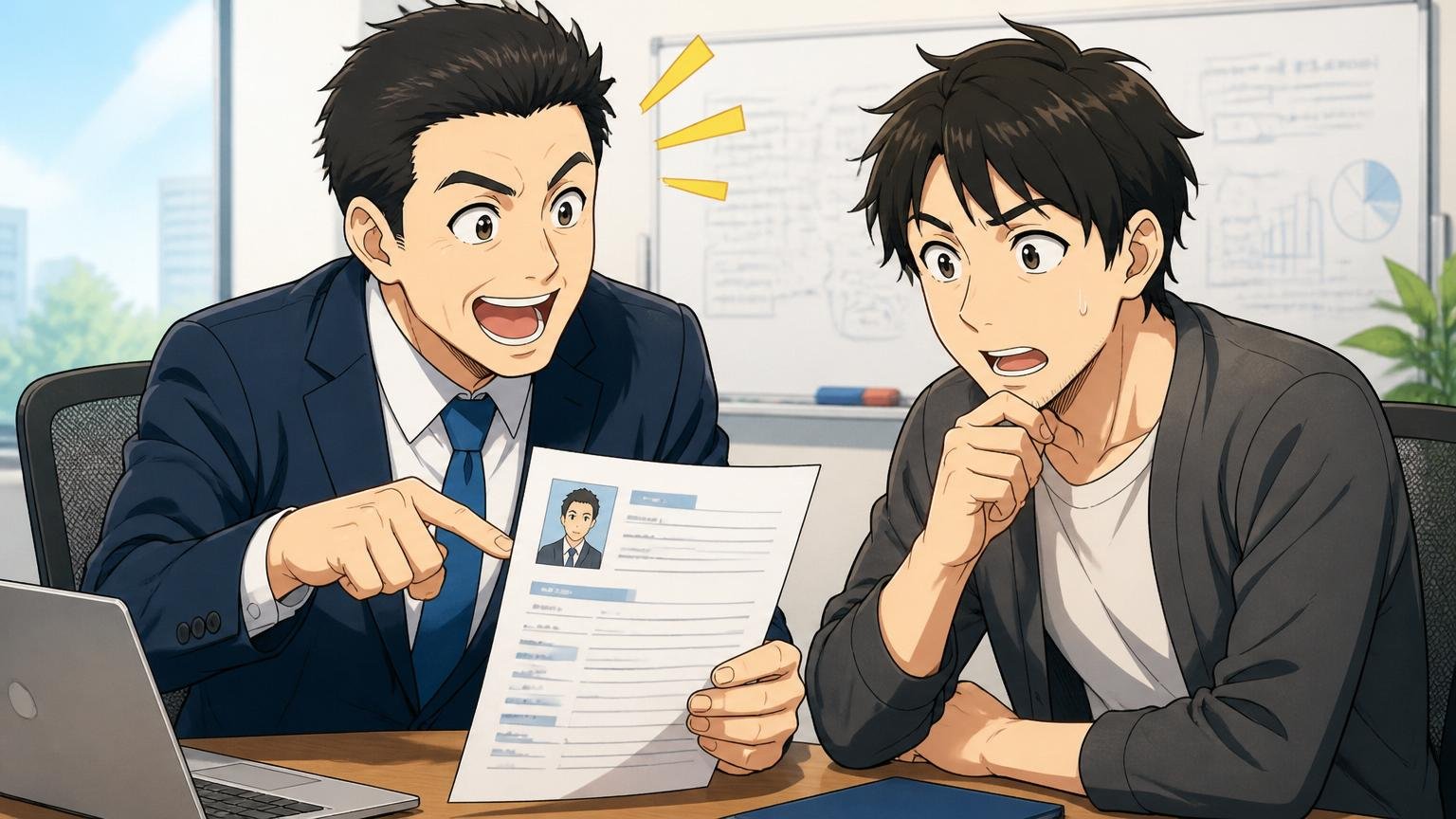 企業の会議室でIT特化型エージェントの担当者が30代男性エンジニアの職務経歴書を一緒に確認している