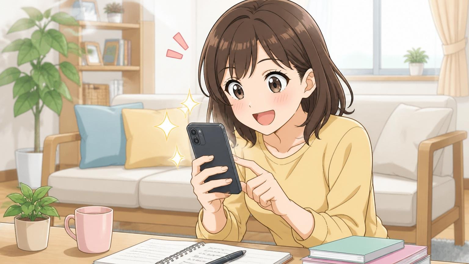 スマホでエージェントに登録する20代女性、自宅のリビング、転職準備、1人