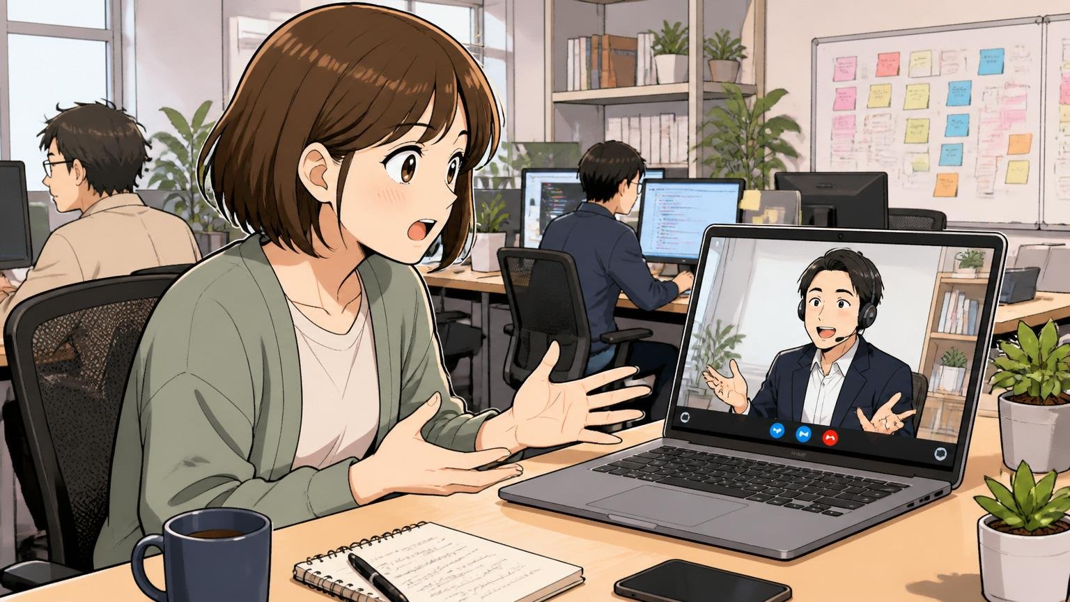 Web系スタートアップのオフィスで30代女性エンジニアが転職アドバイザーとオンライン面談で市場価値について話し込む