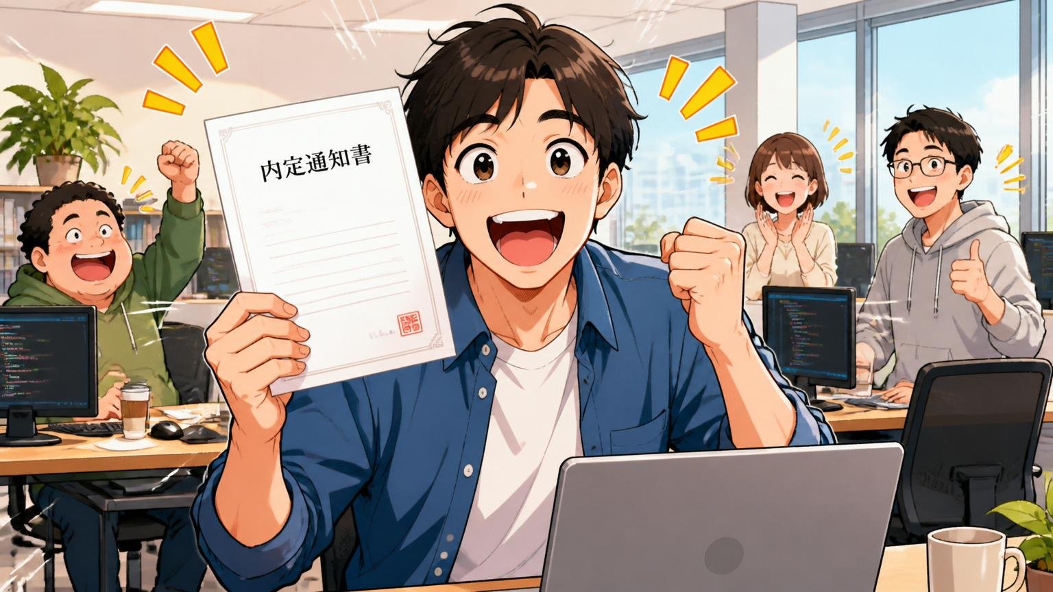 Web系企業のオフィスで満面の笑顔の中途エンジニアが内定通知書を手に喜ぶ、明るい朝の光が差し込む空間