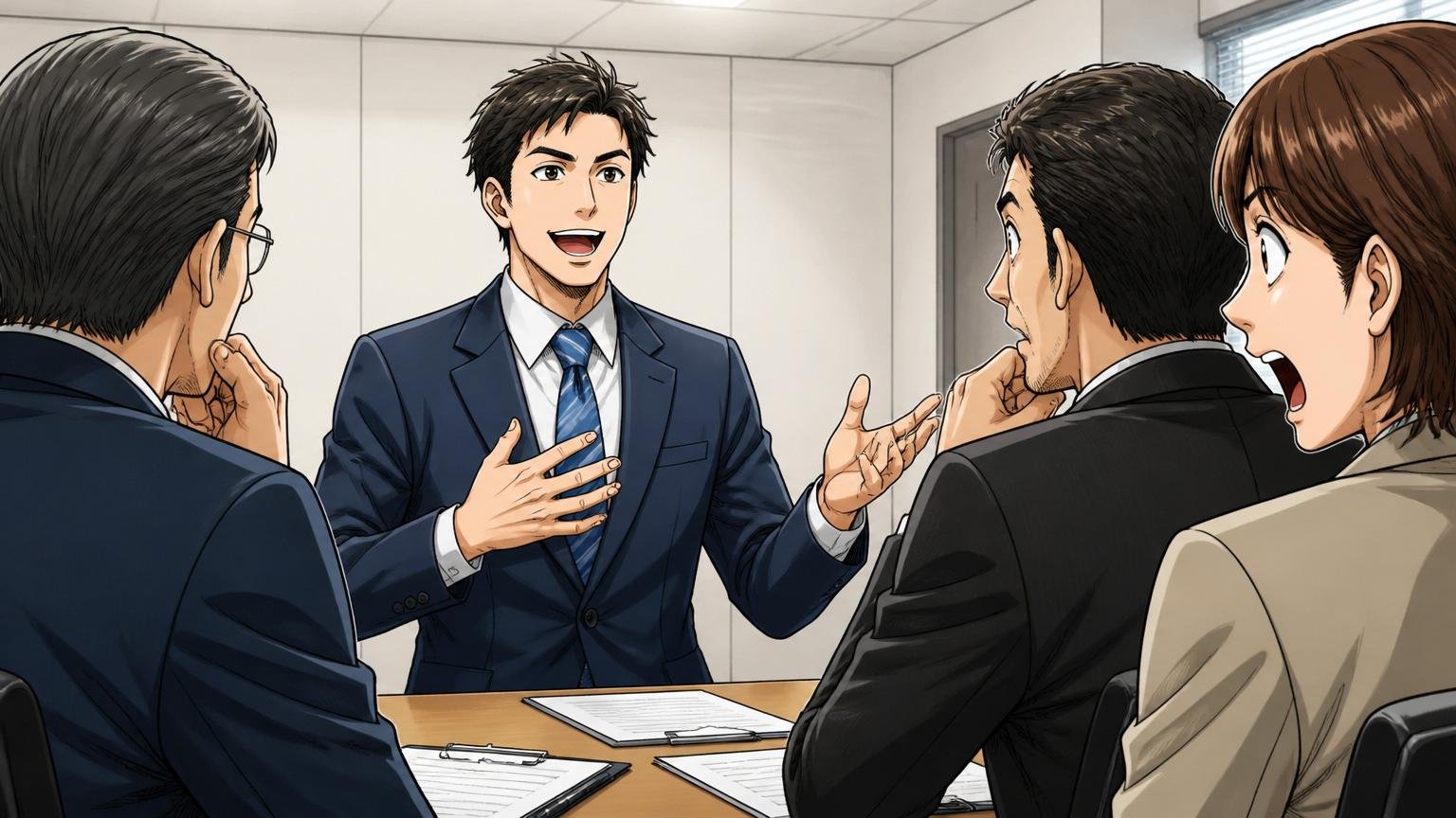 落ちたを語れる人は強い。企業の会議室で面接を受ける30代男性1人が自信を持って話している