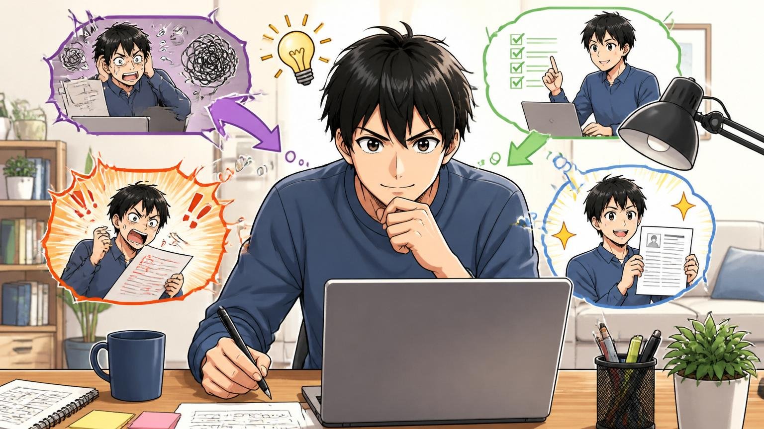 課題と解決のストーリーで職務経歴書を書き直すエンジニア。自宅のデスクで在宅勤務する1人がPCで書類を編集