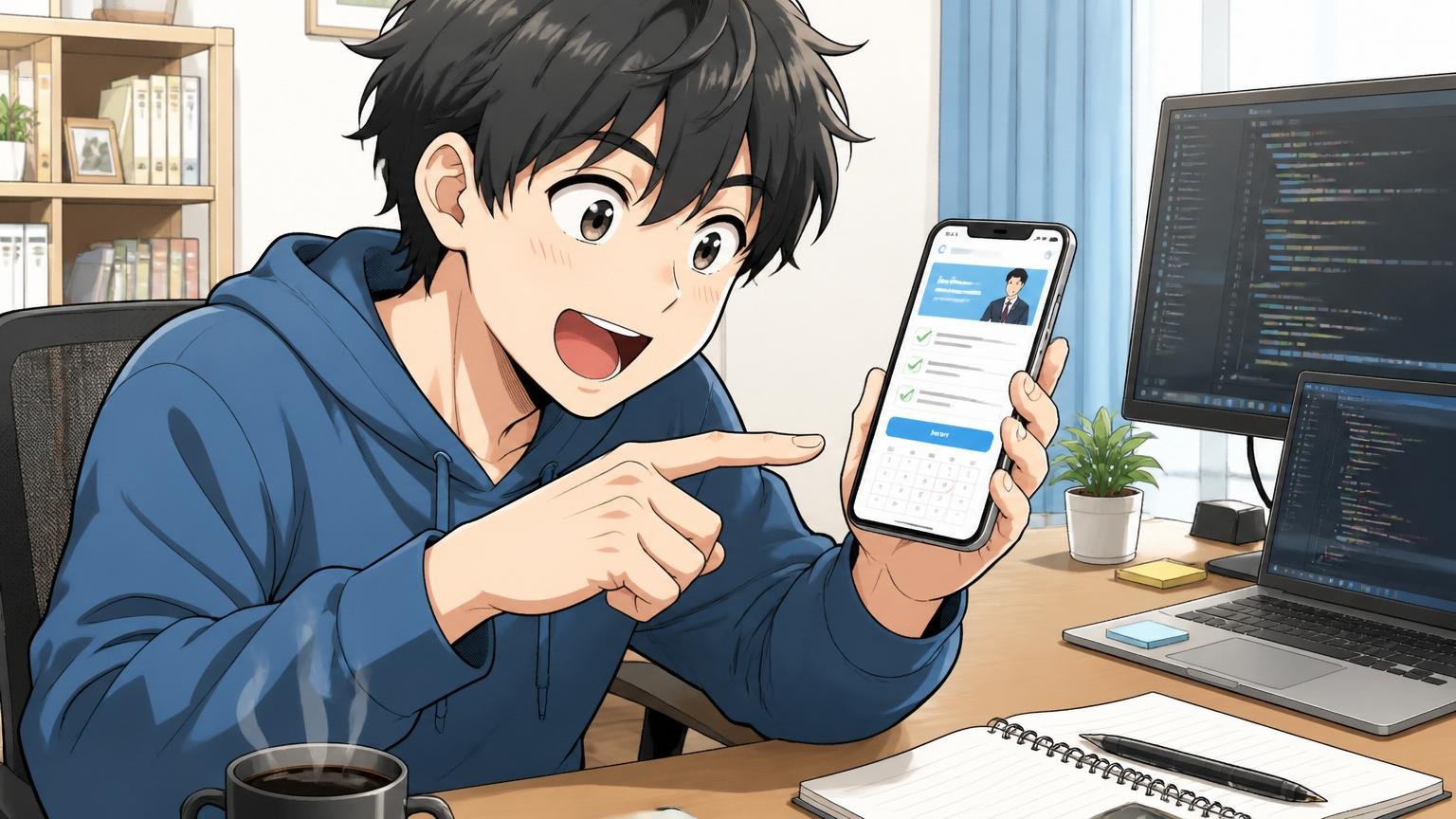 自宅のデスクで在宅勤務、1人のエンジニアがスマホで転職エージェントの無料相談予約画面を開く様子