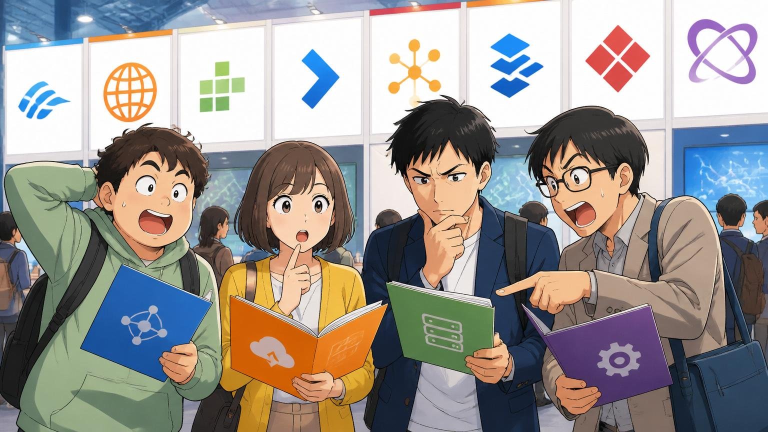 NTT東日本と同等の年収・安定性を出す企業群。様々なIT企業のロゴが並ぶ展示会で来場者が比較検討している4人のシーン