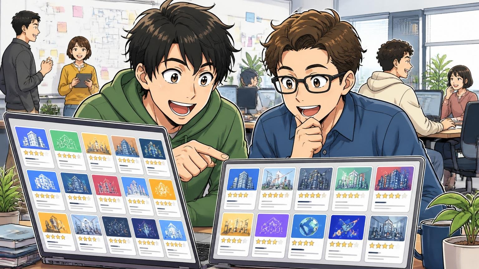 Web系スタートアップのオフィスで多様な企業の求人を比較するエンジニア2人、選択肢の多さに少し笑顔