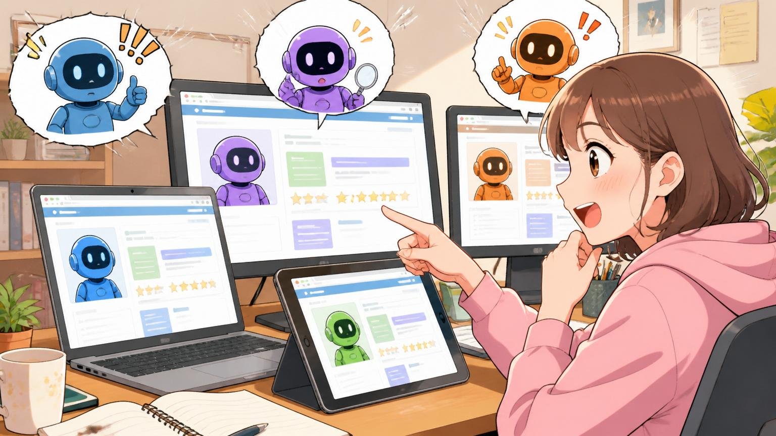 複数のIT特化型エージェントを比較利用するのが鉄則。自宅のデスクで20代女性1人。複数のサイトを比較