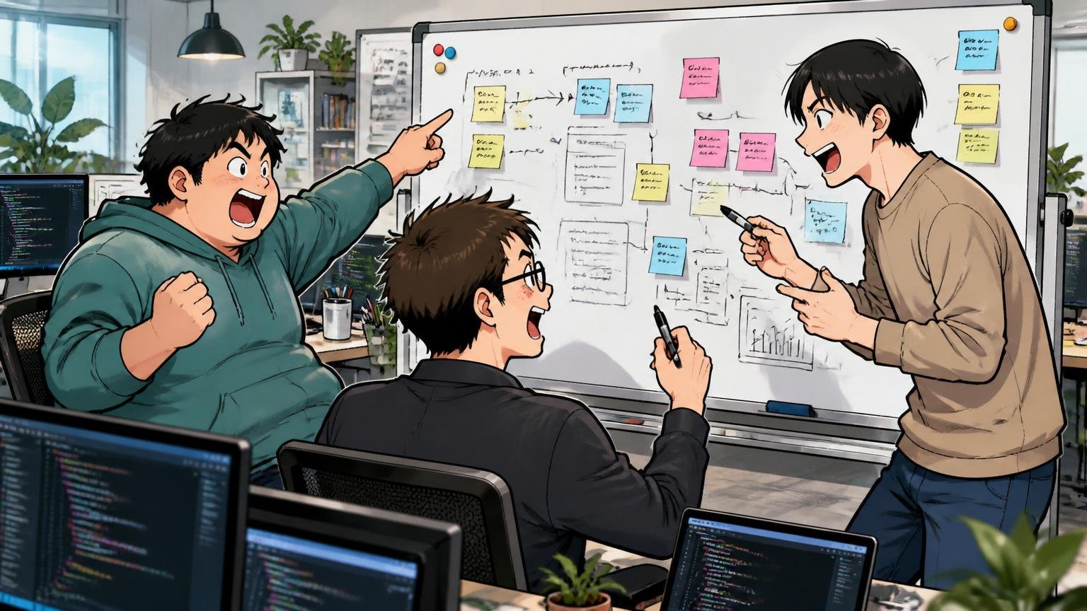 Web系スタートアップのオフィスでエンジニア3人がモダンな開発環境でホワイトボード前に立ちアジャイル議論する