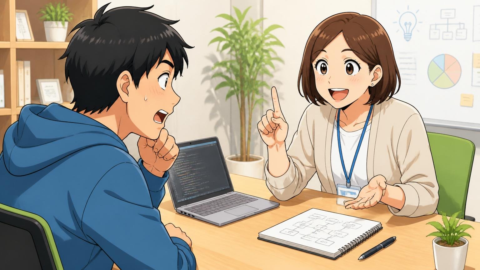 利害なく相談できる相手。明るい相談ルームで女性アドバイザーがエンジニアに笑顔で助言する
