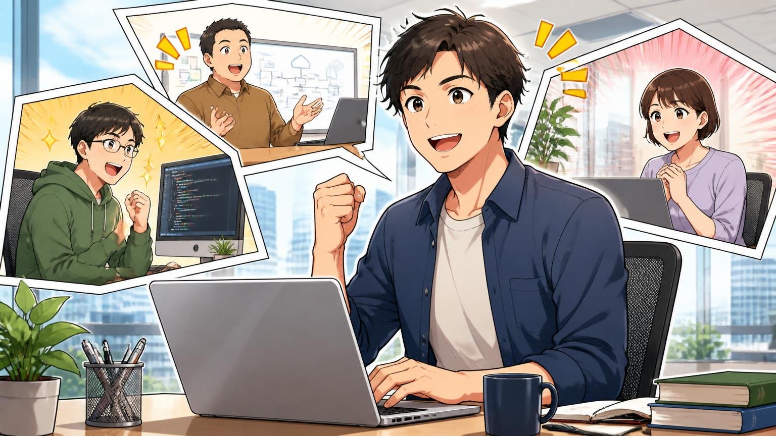 経験者の転職に強いおすすめIT特化型エージェント3選 オフィスでパソコンを見て前向きに転職活動する30代エンジニア