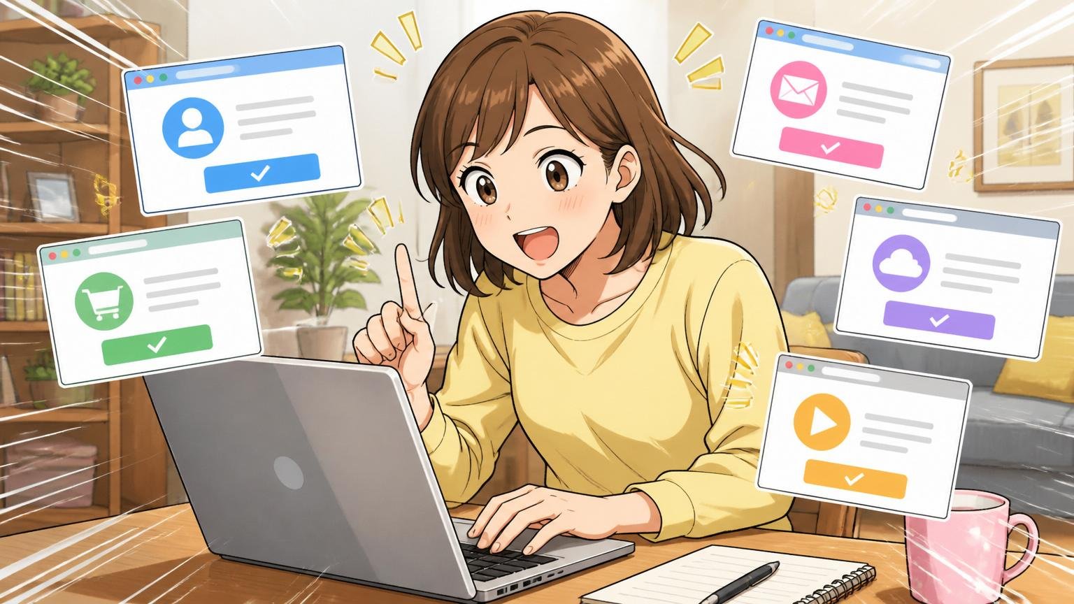 エージェントを使った情報収集の進め方 自宅でノートPCを開いた30代女性が複数サービスに登録する