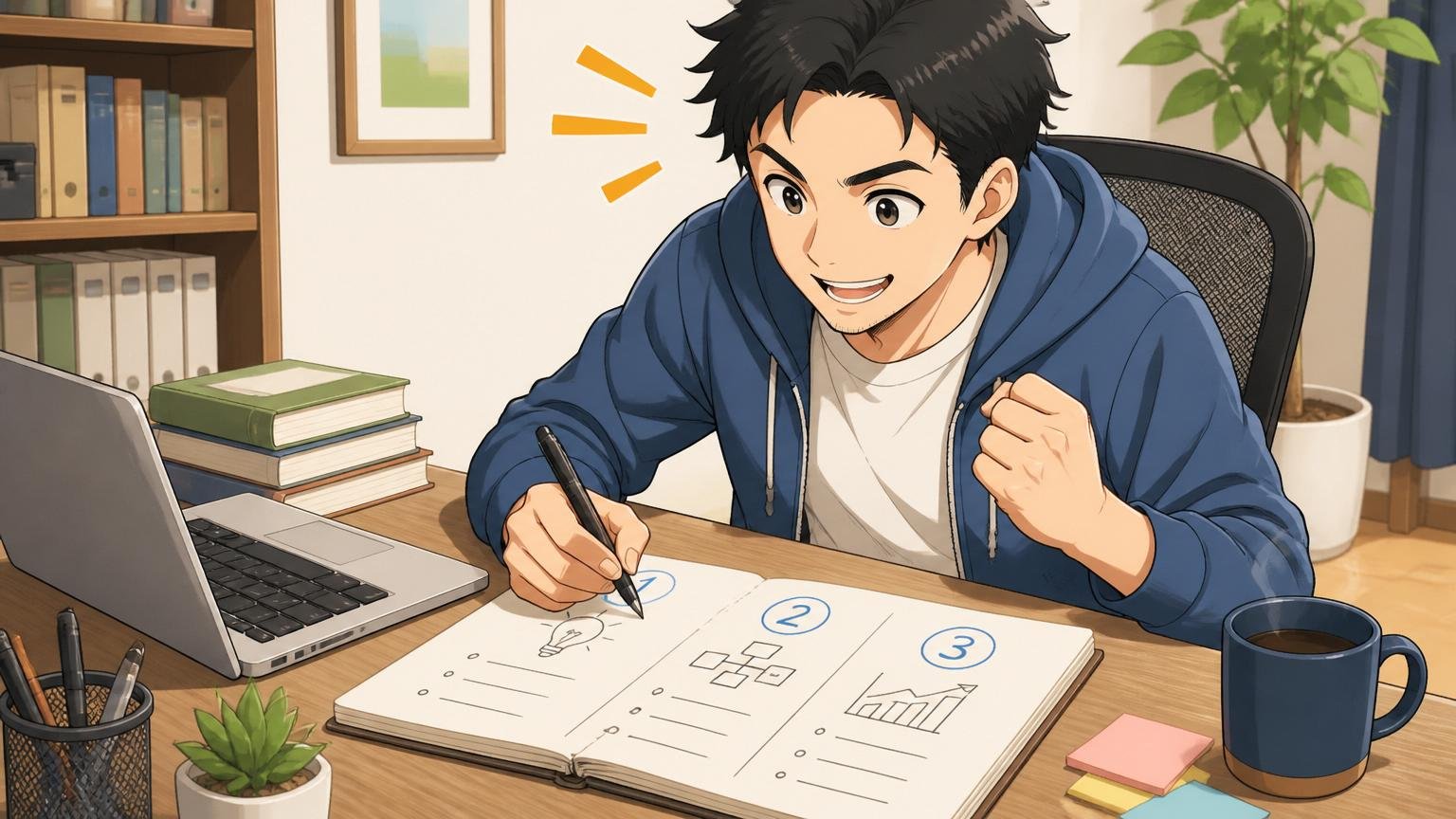 立て直しの計画を3ステップで書き出す30代エンジニア、自宅のデスクで前向きな表情でメモする