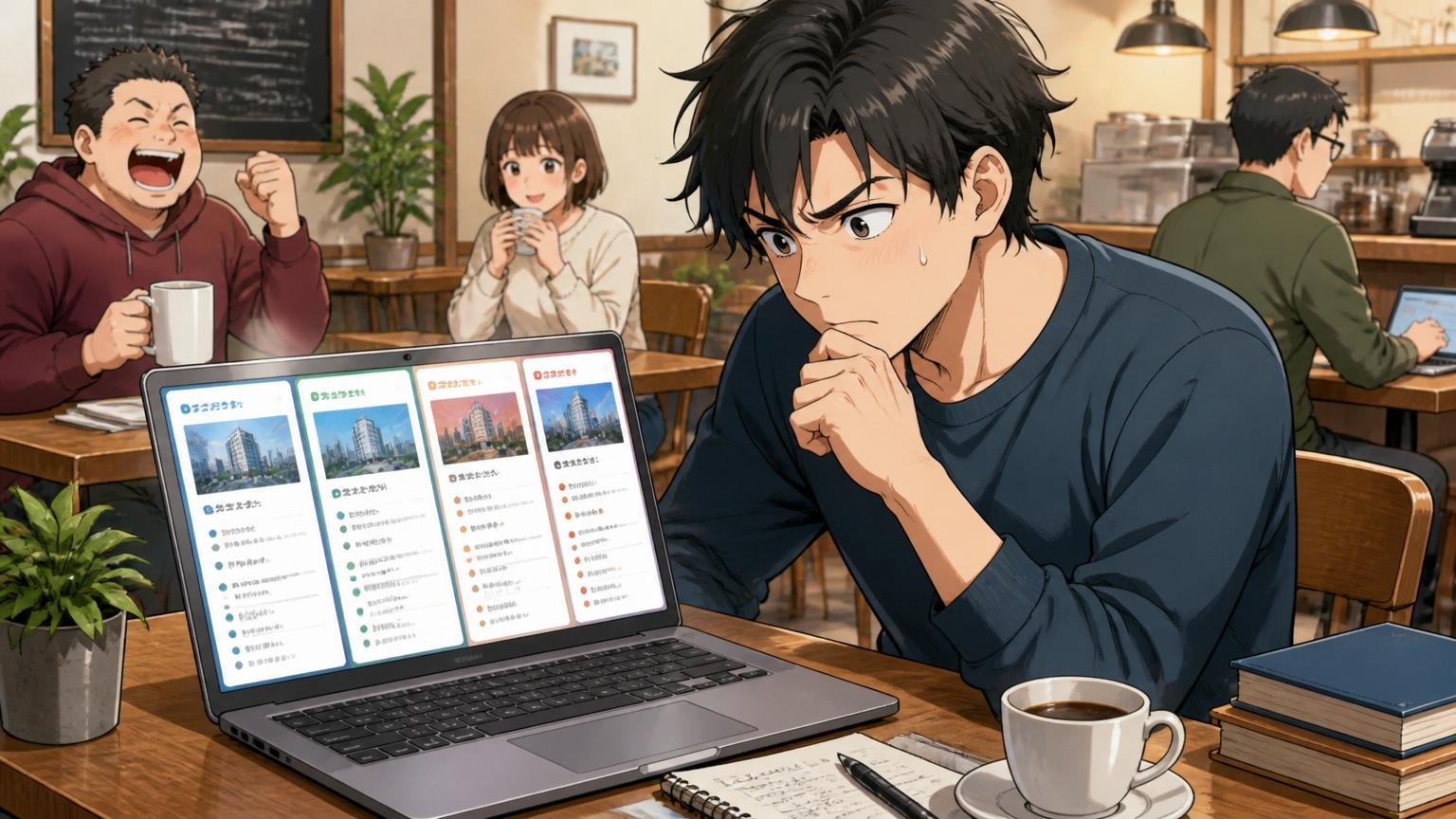 方向転換を検討する、カフェでノートPCを開き複数の求人を比較する20代後半エンジニア