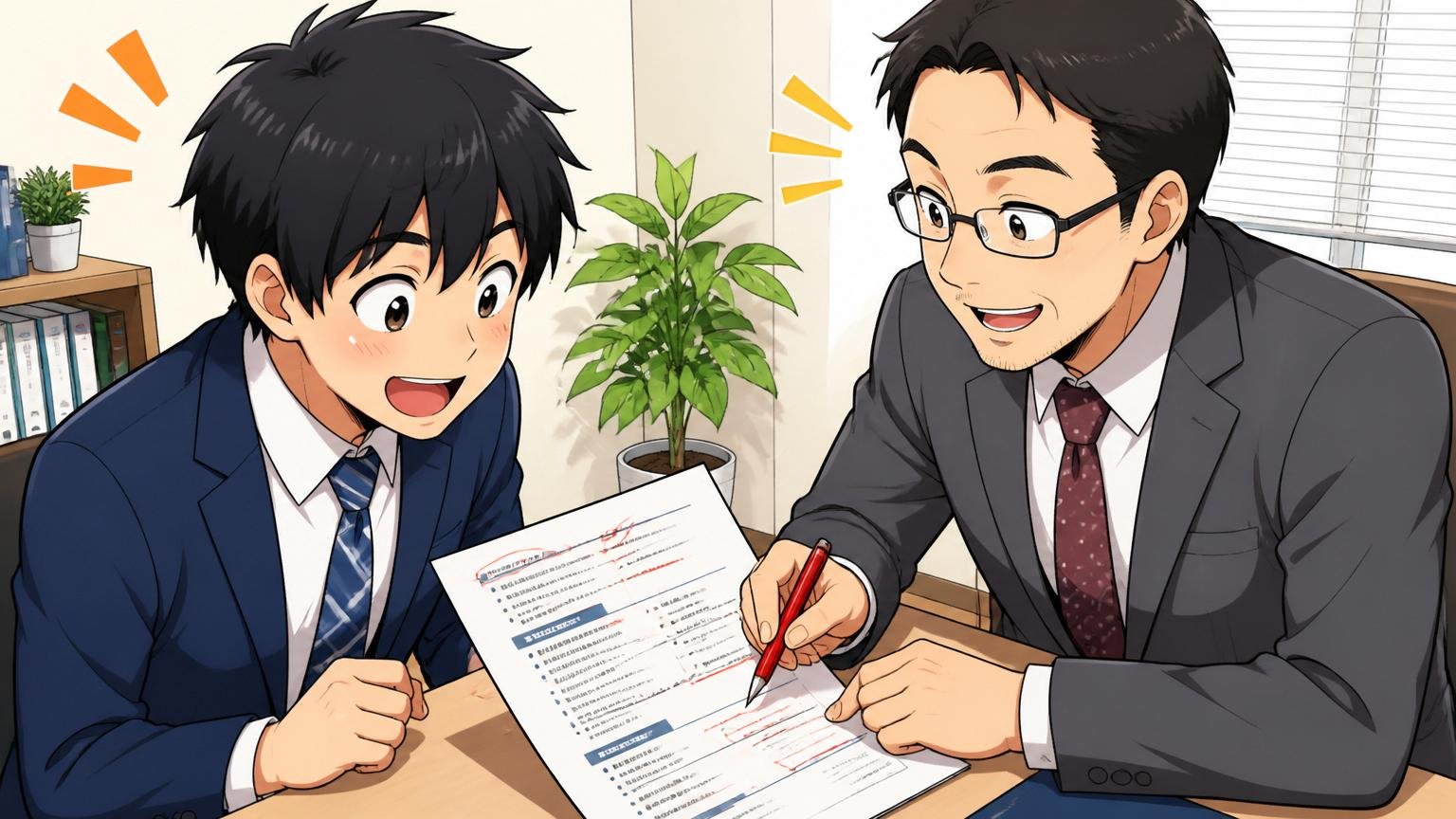 「職務経歴書を第三者に磨いてもらう」面談室でアドバイザーが応募者の書類を丁寧に添削する場面
