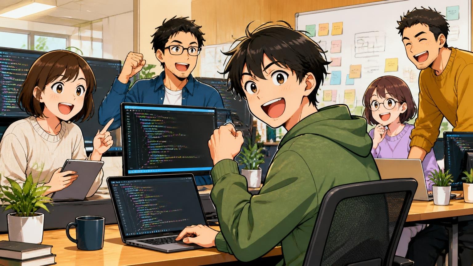 Web系スタートアップのオフィスで自分に合う職場を見つけて笑顔で働くエンジニア、複数人のチームで開発する明るい様子