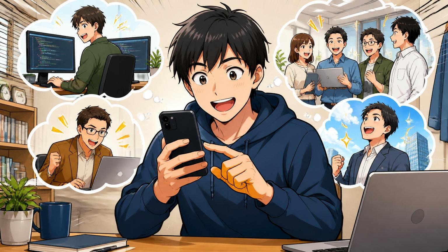 自宅のデスクでスマホからIT転職エージェントに無料登録する20代男性