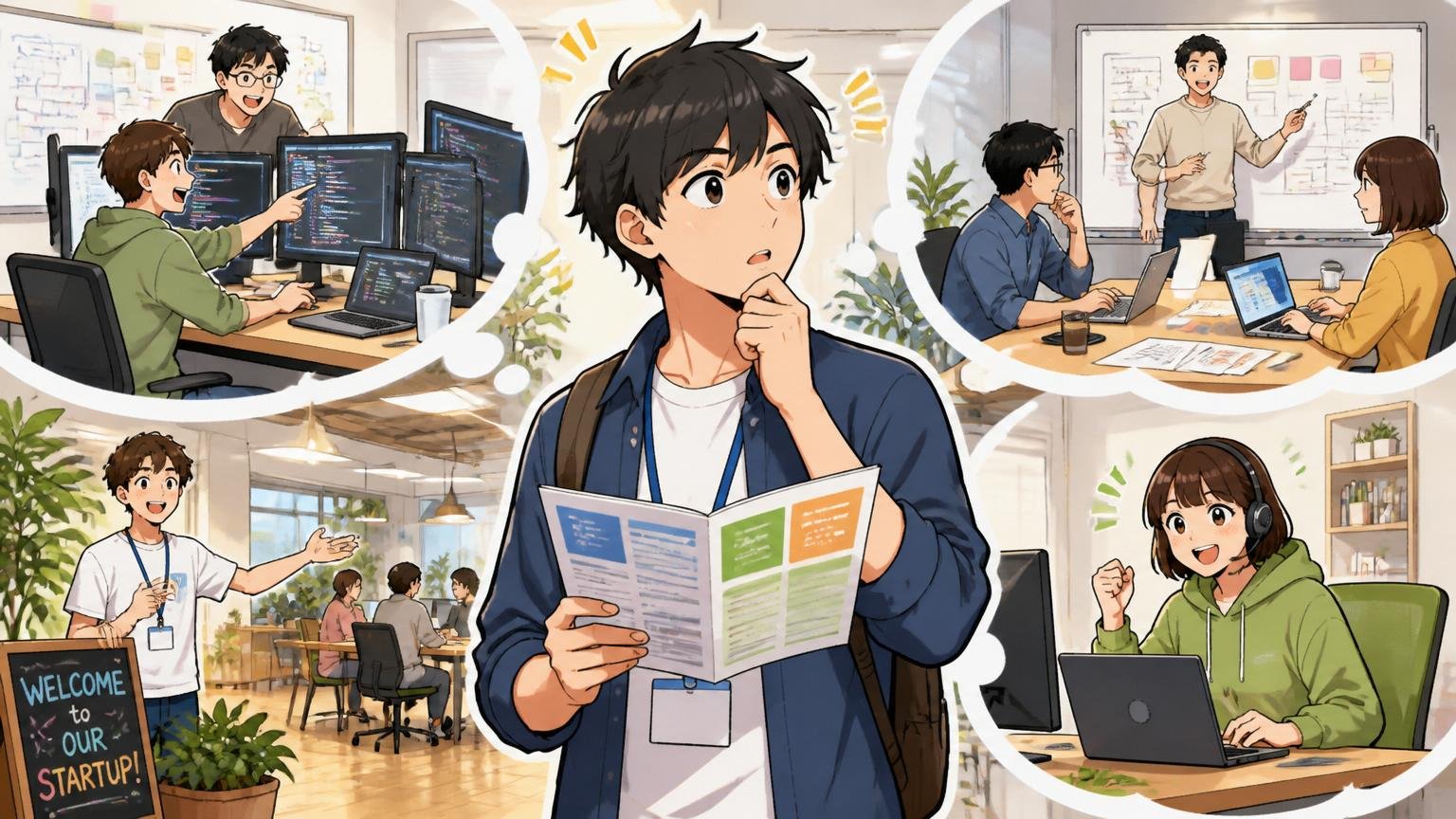 自社開発や別職種など複数の選択肢を比べて検討する、Web系スタートアップのオフィスを見学する20代の様子
