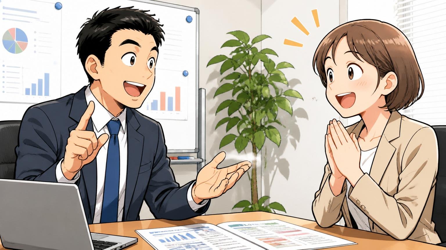 よくある質問に丁寧に答える転職相談のシーン、企業の会議室で疑問を解消して笑顔で納得する2人の人物