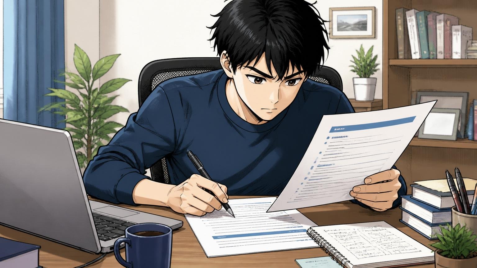 STEP2書類と自己PRを解決したこと軸で作り直す、自宅のデスクで職務経歴書を書き直すエンジニア、集中した表情