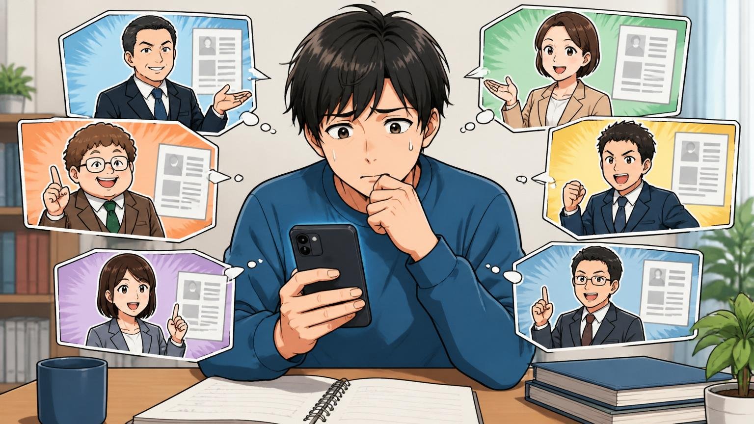 利用前に知っておきたい注意点。スマホ片手に複数の転職エージェントを比較して戸惑う男性、慎重に検討する表情