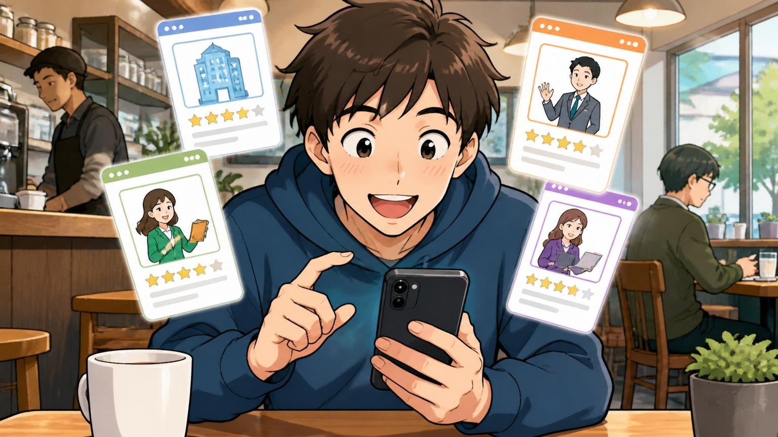 複数登録して比較する様子を、カフェで20代男性がスマホで複数サービスを比べる笑顔