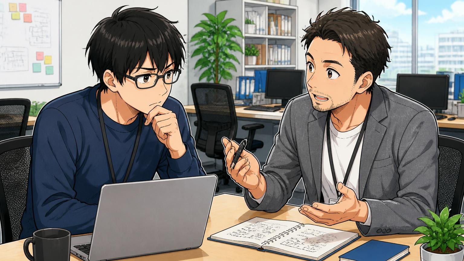 面接の伝え方・志望動機の言語化は一人でやらない。オフィスでキャリア面談しアドバイザーに相談するエンジニア2人、真剣な表情