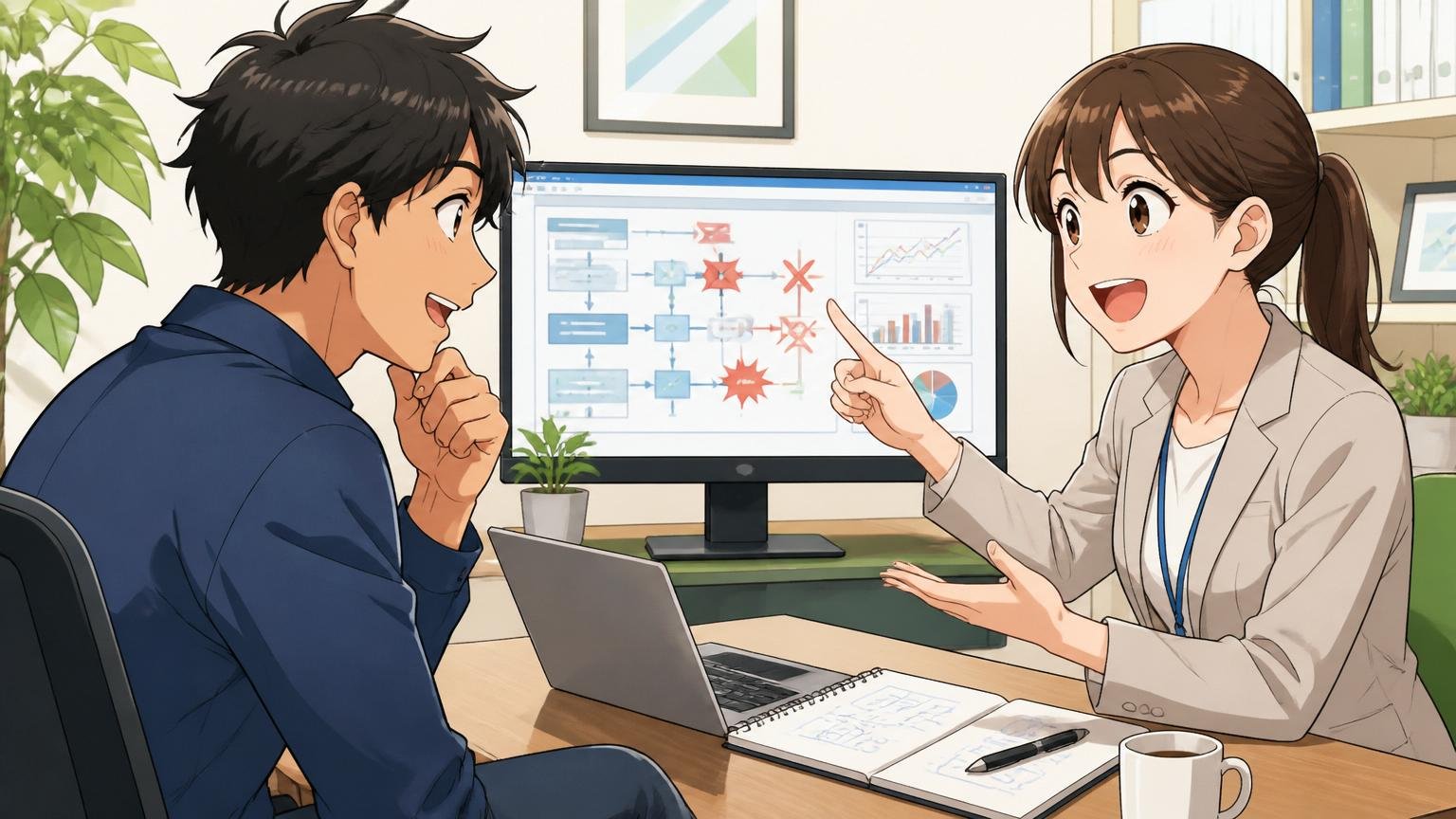 落ちた原因を客観的に教えてくれるIT特化型エージェント。明るい面談室で相談する笑顔の男女2人