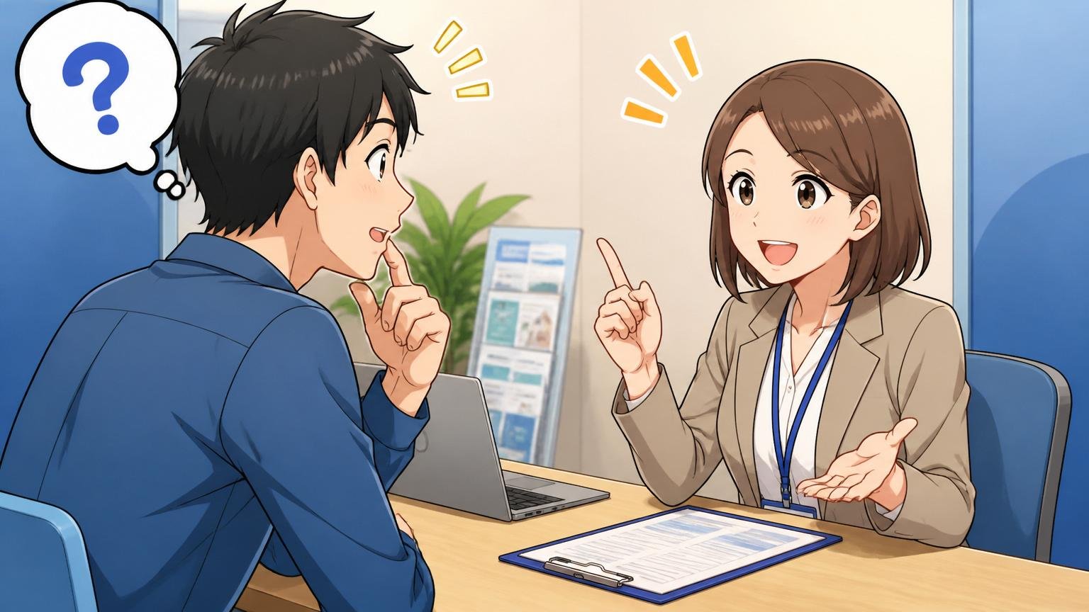 転職エージェントの相談ブースで、疑問を一つずつ質問する応募者と、笑顔で丁寧に答える女性キャリアアドバイザー