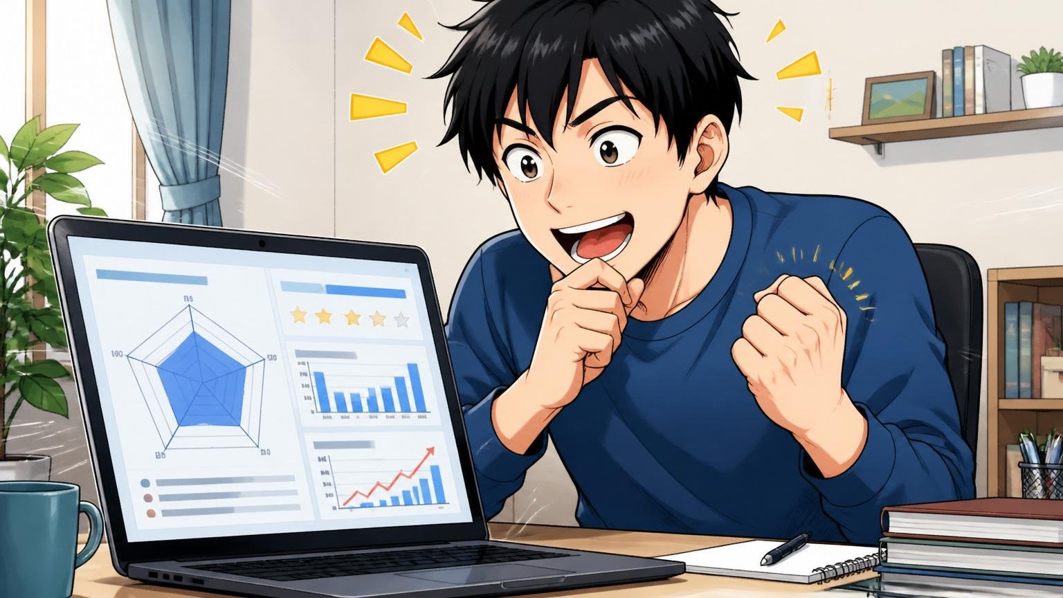 「合うか」の判断には自分の市場価値を知ることが先 自宅のデスクで市場価値診断の結果を見る人物