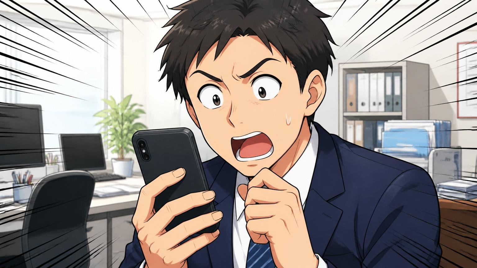 口コミの日付を確認する人｜オフィスでスマホの口コミ投稿日をチェックして気づく表情の社員