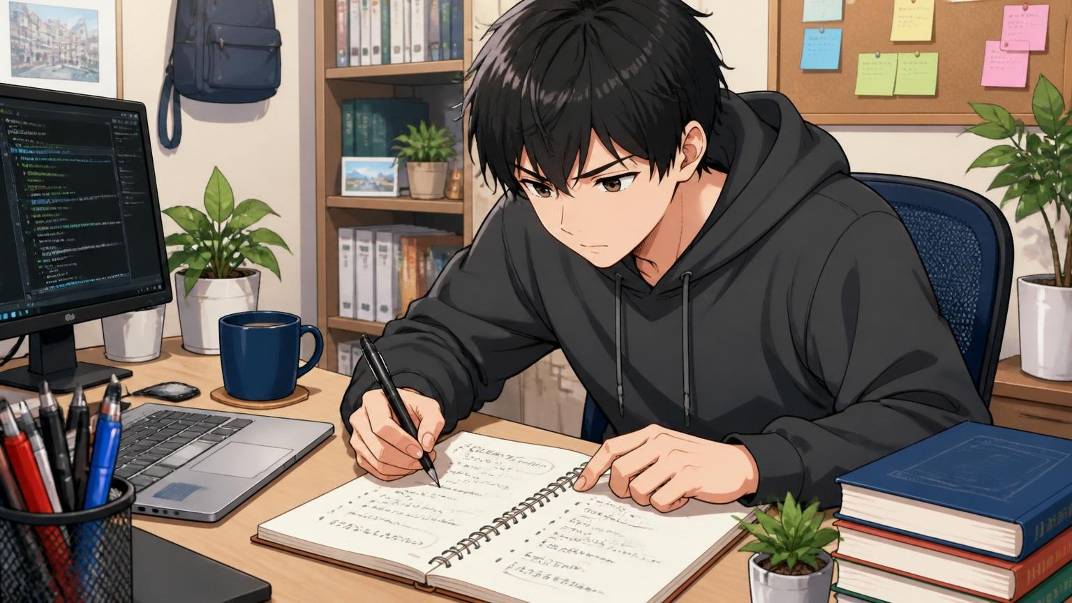 自宅のデスクでノートに転職の希望条件を書き出し整理する20代後半エンジニア1人、集中した表情