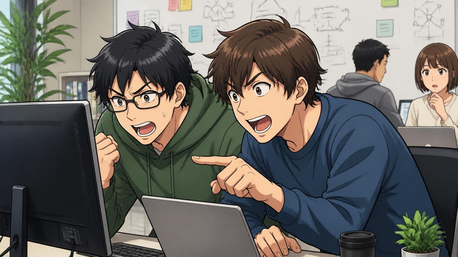 向いていない人。Web系スタートアップのオフィスで最新技術の勉強会に夢中で前のめりになる20代男性エンジニア2人